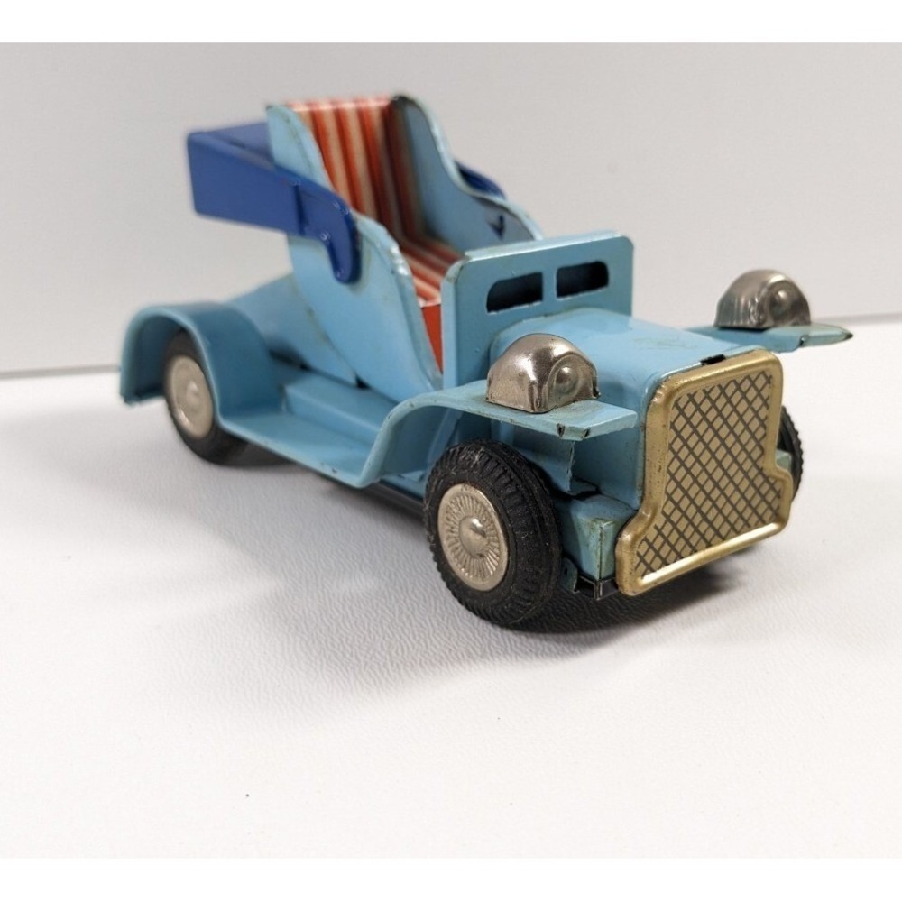 Vintage Tin Toy Car Light Blue Litho Metal Collectible Striped Interior 4.5 Inch